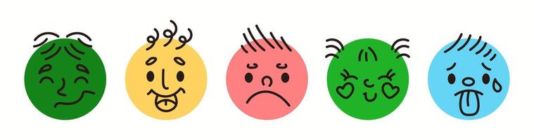 Expressing different feelings with emojis doodle flat color icon set. Social media reaction sign illustrations pack on white background vector