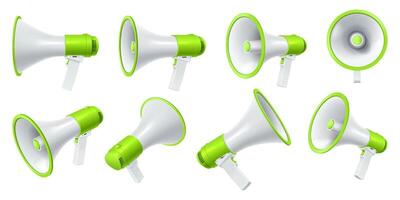 Modern bullhorns with green elements realistic illustration set. Megaphones various perspectives 3d models on white background vector