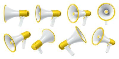 Loudspeakers with yellow decor realistic illustration set. Megaphones announcing commercial event 3d models on white background vector