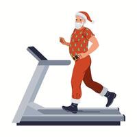 Smiling Santa running on treadmill flat color character. Active preparation for Christmas holiday illustration on white background vector