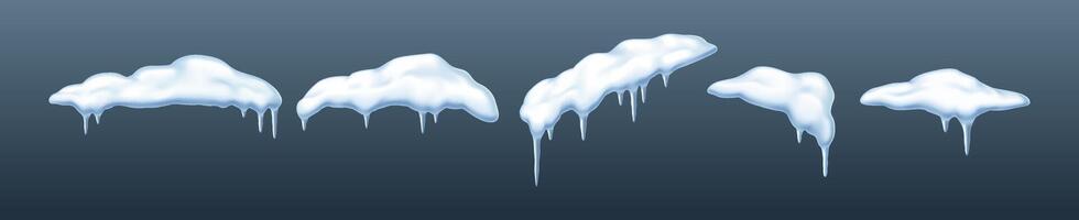 Snow heaps with icicles in winter wonderland realistic color icons set. Christmas holiday inspiration 3d objects collection on grey background vector