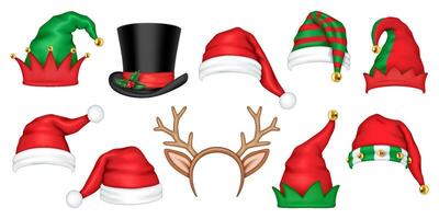 Festive Christmas hats realistic color icons set. Santa Claus elves and top hats for funny party 3d objects bundle on white background vector
