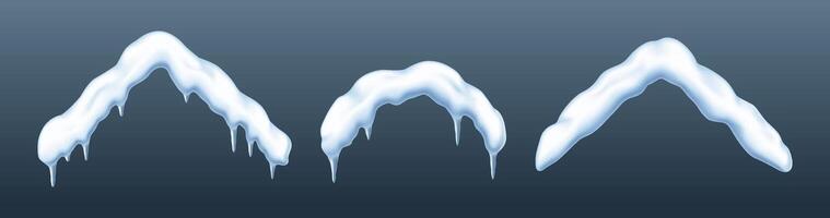 Snow caps of houses roofs realistic color icons set. Snowdrifts with icicles for Christmas 3d objects collection on grey background vector