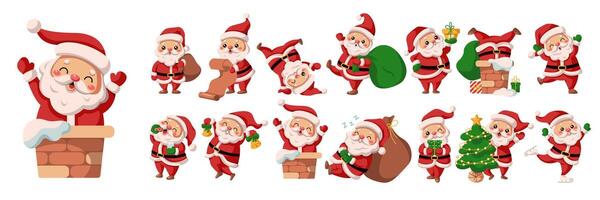 Cute Santa Clauses in various positions flat color icon set. Merry Christmas and happy New Year characters pack on white background vector