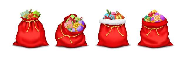 Red Santa Claus bags with colorful Christmas presents realistic color icons set. Festive gifts packed in sacks 3d objects bundle on white vector