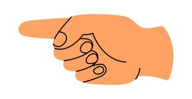 Hand pointing to left side by index finger flat color illustration. Showing direction gesture closeup cartoon icon on white background vector
