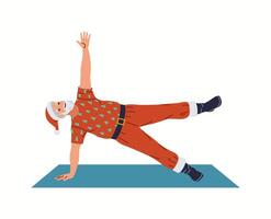 Flexible Santa Claus practicing yoga flat color character. Saint Nicolas doing side plank on mat illustration on white background vector
