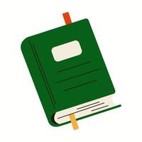 Book with green hardcover and bookmarks flat color object. Personal organizer notepad for notes illustration on white background vector