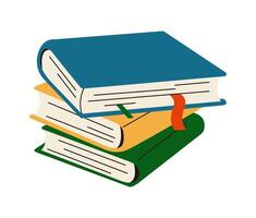 Stacked books in college library flat color objects. Scientific works folios researching for essay illustration on white background vector