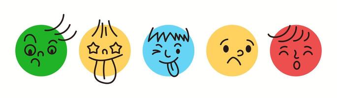 Cute emojis expressions doodle flat color icon set. Visual symbols of feelings for chats illustrations pack on white background vector
