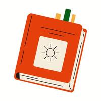 Closed textbook with bookmarks flat color object. Personal dairy notepad for important notes illustration on white background vector