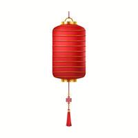 Red Chinese lantern with knot and tassel realistic illustration. Lunar New Year celebration lamp fun atmosphere 3d object on white vector