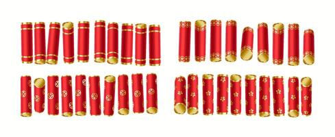 Chinese firecrackers with red paper and patterns realistic color icons set. Happy Asian holiday celebration explosion 3d objects bundle on white vector