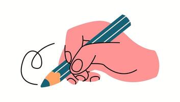 Hand drawing with pencil flat color illustration. Artist using crayon to create artwork closeup cartoon icon on white background vector