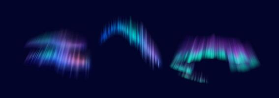 Northern lights illuminating sky realistic color icons set. Vibrant shades creating illumination display 3d objects bundle on dark background vector