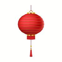 Red paper Chinese lantern decorated with gold realistic illustration. Traditional Asian lamp for fun atmosphere 3d object on white vector