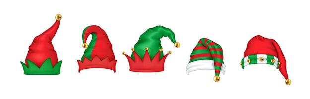 Christmas elf hats with bells and pointy tips realistic color icons set. Cheerful holiday atmosphere 3d objects bundle on white background vector