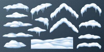 Snow piles caps snowdrifts and icicles realistic color icons set. Winter wonderland decorations 3d objects bundle on background vector