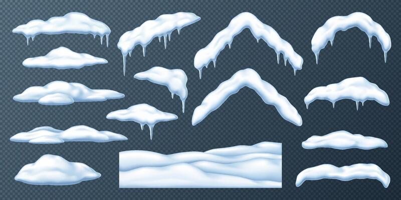 Snow piles caps snowdrifts and icicles realistic color icons set. Winter wonderland decorations 3d objects bundle on background