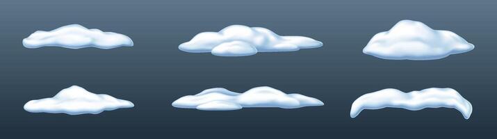 Various snow piles on winter day realistic color icons set. Cold season weather conditions 3d objects collection on grey background vector