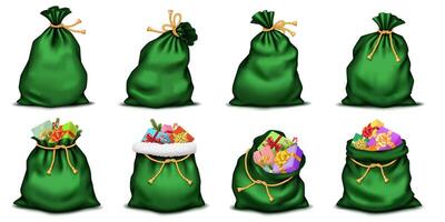 Green Christmas bags with golden ropes realistic color icons set. Santa Claus sacks with gifts 3d objects bundle on white background vector
