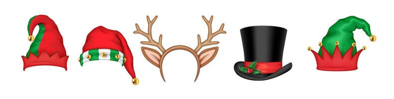 Festive headwear bringing Christmas spirit realistic color icons set. Elf Santa reindeer caps and classic top hat 3d objects bundle on white vector