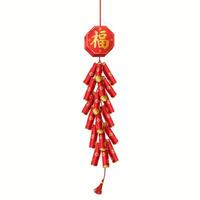 Festive Chinese firecrackers with tassel realistic illustration. Ancient oriental holiday explosive items cluster 3d object on white. Inscription on the badge is Luck vector