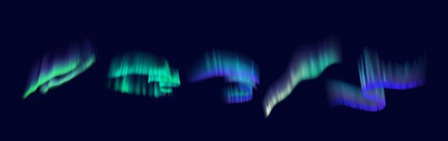 Northern lights aurora borealis in sky realistic color icons set. Mesmerizing natural phenomenon 3d objects bundle on dark background vector