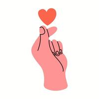 Hand showing heart over fingers flat color illustration. Love feelings expression with gesture closeup cartoon icon on white background vector