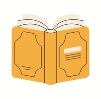 Open book with yellow hard cover flat color object. Reading hobby. Studying with textbook in library illustration on white background vector