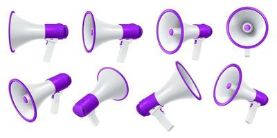 Modern loudspeakers with purple details realistic illustration set. Bullhorns for public communication 3d models on white background vector