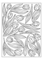 Contour outline tulips for coloring page with elegant flowers and flowing leave vector