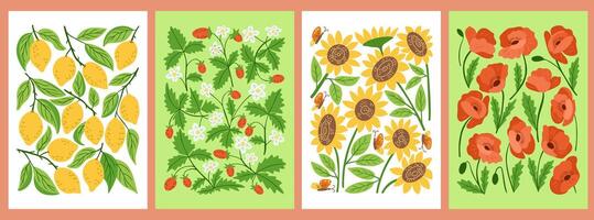 Vibrant summer poster set with lemons, strawberries, sunflowers, and poppies in retro 60s style with bold colors and playful patterns. Vintage botanical collection vector