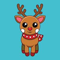 cartoon reindeer with red nose and scarf on blue background vector