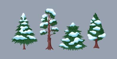 Coniferous trees with snow on branches flat color objects set. Winter nature of pine forest illustrations bundle on grey background vector