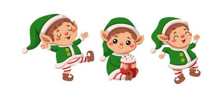 Happy Santa elves dancing and drinking cocoa flat color icon set. Fairy tale Christmas season atmosphere characters pack on white vector