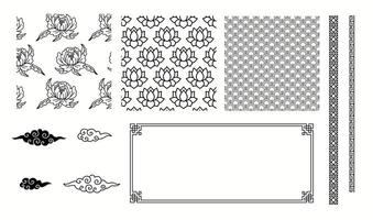 Traditional Asian patterns borders and frame linear illustration collection. Chinese culture decorative details objects set on white background vector