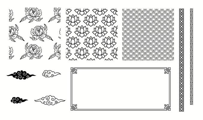 Traditional Asian patterns borders and frame linear illustration collection. Chinese culture decorative details objects set on white background