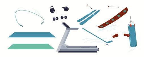 Modern gym sports inventory flat color objects set. Athletic equipment for various training illustrations bundle on white background vector
