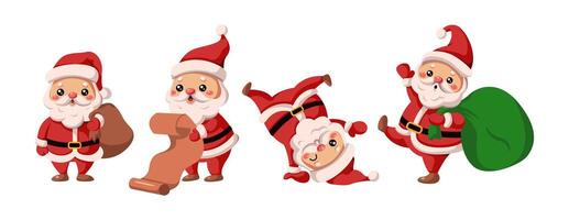 Funny Santa Clauses for merry Christmas flat color icon set. Fairy characters with sacks wish list and fun pack on white background vector