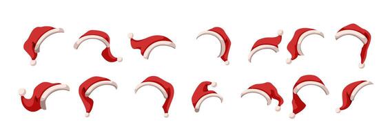 Red Santa Claus hats with pompoms flat color objects set. Festive Christmas atmosphere accessories illustration on white background vector