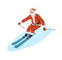 Santa Claus enjoying skiing flat color character. Happy Saint Nicolas riding down snowy hill illustration on white background vector