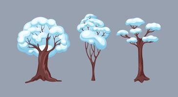 Bare trees covered with snow flat color objects set. Winter nature of woods after snowstorm illustrations bundle on grey background vector