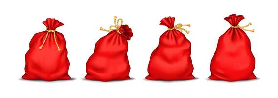 Santa Claus bags full of Christmas gifts realistic color icons set. Festive atmosphere of joyful holiday 3d objects bundle on white background vector