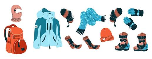 Warm clothes and backpack for winter sport flat color objects set. Wear and accessories illustrations bundle on white background vector