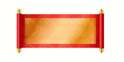 Old Asian scroll with golden frame and flowers realistic illustration. Red Chinese manuscript for royal announcement 3d object on white vector