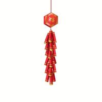 Chinese firecrackers bunch with happy pendant realistic illustration. Asian Baozhu for funny holiday noise 3d object on white. inscription on the badge is Luck vector