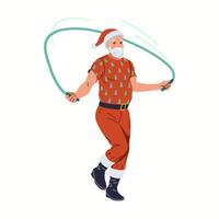 Santa Claus exercising with jump rope flat color character. Happy grandpa training before Christmas celebration illustration on white vector