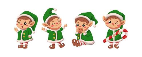 Playful Christmas elves different activities flat color icon set. New year festive atmosphere characters pack on white background vector