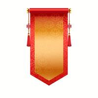 Festive Asian pennant with golden frame and lotuses realistic illustration. Ancient Chinese scroll for New Year 3d object on white vector